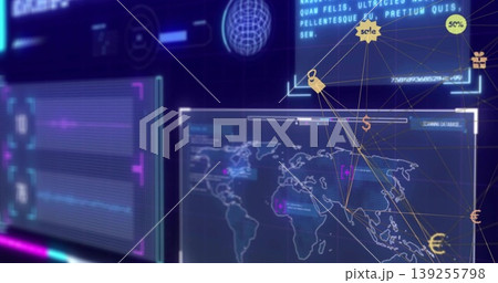 Displaying world map dashboard in virtual hub, showing holographic graphs, nodes and currency icons Displaying world map dashboard in virtual hub, showing holographic graphs, nodes and currency icons 139255798