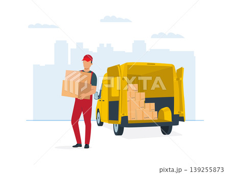 Courier Delivering Packages from Yellow Van in City stock illustration. Courier Delivering Packages from Yellow Van in City stock illustration. 139255873