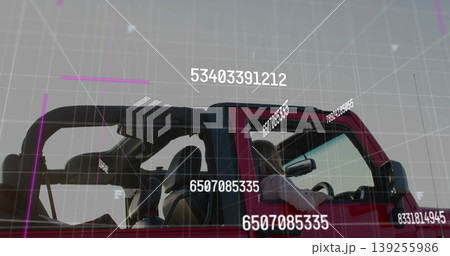 Overlaying numeric grid on red 4x4 vehicle with exposed rollcage outdoors, driver wearing light top Overlaying numeric grid on red 4x4 vehicle with exposed rollcage outdoors, driver wearing light top 139255986