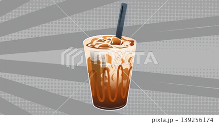 Showing glass holding layered iced coffee swirling cream icecubes straw drizzle on graphic backdrop Showing glass holding layered iced coffee swirling cream icecubes straw drizzle on graphic backdrop 139256174