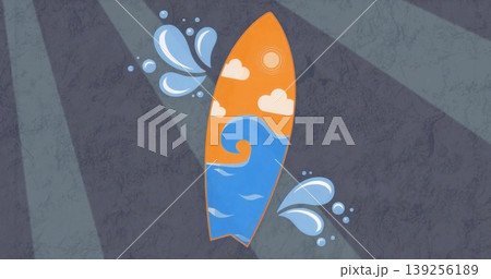 Displaying graphic surfboard featuring orange sun and wave design on gray backdrop, splash shapes Displaying graphic surfboard featuring orange sun and wave design on gray backdrop, splash shapes 139256189
