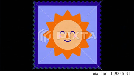 Displaying cartoon sun smiling in light purple square with dark purple scalloped border on black 139256191