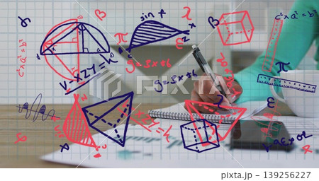 Writing mid adult woman visualizing geometric shapes in spiral notebook at desk, with tablet device 139256227