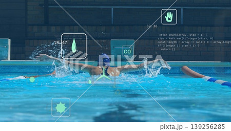 Executing butterfly stroke female swimmer propelling through pool lane with swim cap, goggles, HUD Executing butterfly stroke female swimmer propelling through pool lane with swim cap, goggles, HUD 139256285