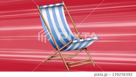 Floating deck chair with wooden frame showcasing blue and white striped fabric in red studio set 139256392