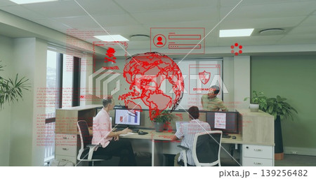 Collaborating three office workers viewing bar chart and security overlay in office, with monitors Collaborating three office workers viewing bar chart and security overlay in office, with monitors 139256482