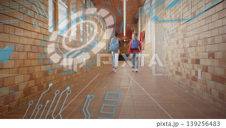 Walking classmates navigating school corridor, with backpacks, tiled floor, holographic overlay Walking classmates navigating school corridor, with backpacks, tiled floor, holographic overlay 139256483