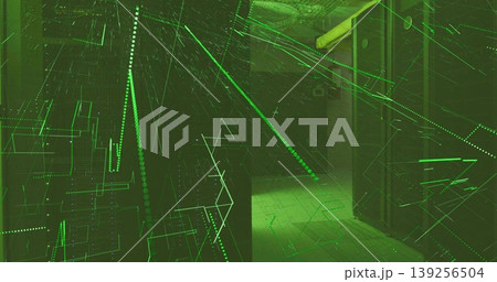 Displaying dim interior corridor projecting neon-green digital grid with tiles, pillars, dark walls 139256504