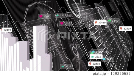 Displaying dashboard featuring white 3D bar chart at left with floating metric icons, copy space Displaying dashboard featuring white 3D bar chart at left with floating metric icons, copy space 139256685