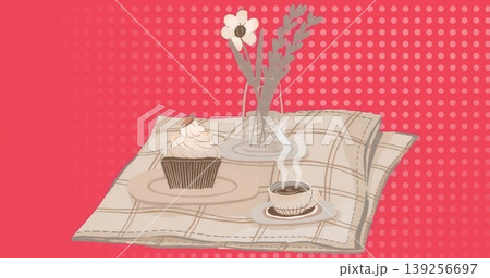 Showing still life on plaid cloth with strawberry-topped cupcake, steaming cup on saucer and vase Showing still life on plaid cloth with strawberry-topped cupcake, steaming cup on saucer and vase 139256697