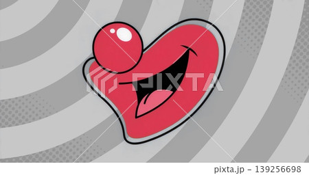Showing red heart grinning over grey concentric rings with halftones, circular orb and bold outline Showing red heart grinning over grey concentric rings with halftones, circular orb and bold outline 139256698