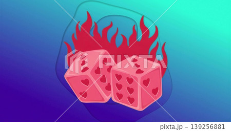Showcasing pink dice with heart-shaped pips floating on gradient background, with red flame motif Showcasing pink dice with heart-shaped pips floating on gradient background, with red flame motif 139256881