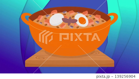 Featuring bright orange cooking pot simmering stew on wooden board, with egg halves and star anise Featuring bright orange cooking pot simmering stew on wooden board, with egg halves and star anise 139256904