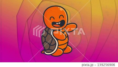 Cheerful orange cartoon turtle waving on layered gradient backdrop, with toothy grin 139256906