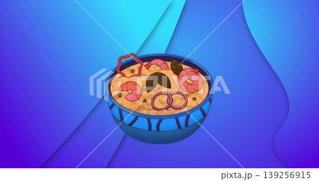 Floating blue ceramic bowl holding yellow rice with shrimp, onion rings, peppercorns on gradient Floating blue ceramic bowl holding yellow rice with shrimp, onion rings, peppercorns on gradient 139256915