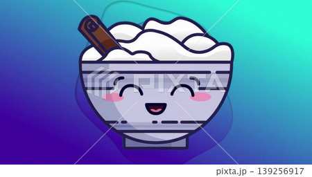 Smiling cartoon bowl displaying fluffy white contents on gradient background, with cinnamon stick Smiling cartoon bowl displaying fluffy white contents on gradient background, with cinnamon stick 139256917