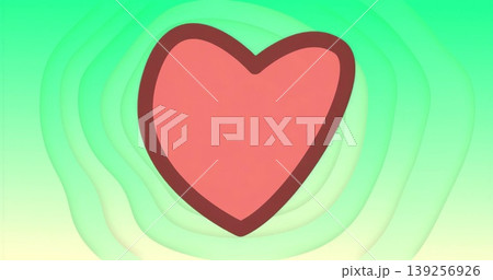 Showing stylized red heart outlined dark brown hovering over green contours on pale yellow gradient 139256926