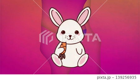 Sitting cartoon rabbit holding orange carrot with green leaves on gradient backdrop in pink orange Sitting cartoon rabbit holding orange carrot with green leaves on gradient backdrop in pink orange 139256935