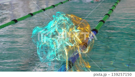 Hovering glowing energy swirl above swimming pool with floating green-and-black and blue lane ropes 139257150