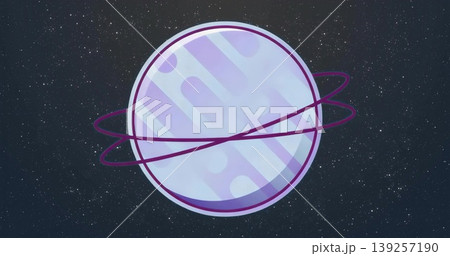 Floating pastel-colored planet showcasing geometric patterns in space, intertwined purple rings Floating pastel-colored planet showcasing geometric patterns in space, intertwined purple rings 139257190