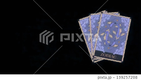 Showing three purple zodiac cards labeled ZODIAC against void, celestial fish motifs, copy space Showing three purple zodiac cards labeled ZODIAC against void, celestial fish motifs, copy space 139257208
