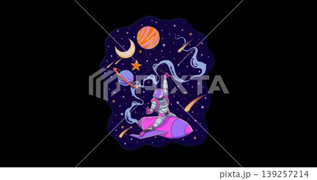 Astronaut riding rocket through purple space, holding dust trail with crescent moon, ringed planet Astronaut riding rocket through purple space, holding dust trail with crescent moon, ringed planet 139257214
