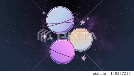 Floating three stylized pastel planets with rings in dark starry cosmic space, with pastel stars 139257216