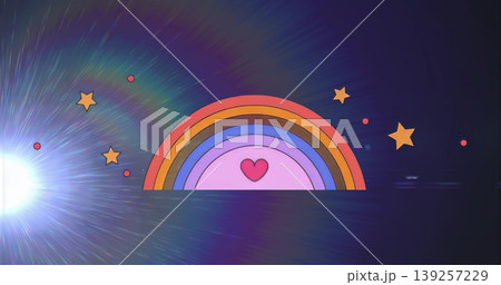 Displaying semi-circular rainbow with heart in cosmic-style background, with stars and lens flare Displaying semi-circular rainbow with heart in cosmic-style background, with stars and lens flare 139257229