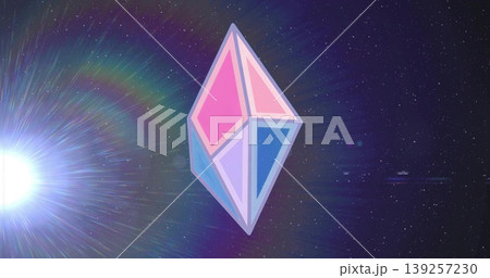Gliding pastel octahedral crystal drifting through cosmic star field, with lens flare and stars Gliding pastel octahedral crystal drifting through cosmic star field, with lens flare and stars 139257230