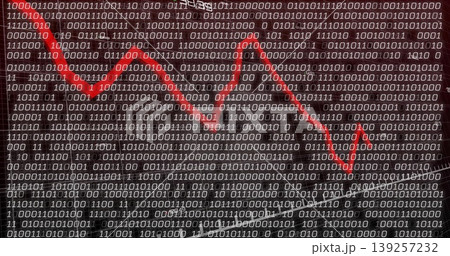 Displaying bold red zigzag arrow crossing grid of binary rows and columns, showing descending trend 139257232