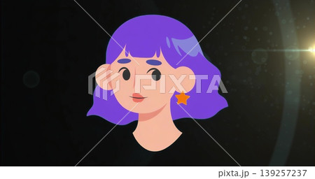 Purple-haired female character floating in digital cosmic space, with orange star earring Purple-haired female character floating in digital cosmic space, with orange star earring 139257237