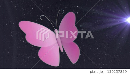 Floating stylized 3D pink butterfly gliding across cosmic space, with bright star flare, tiny stars Floating stylized 3D pink butterfly gliding across cosmic space, with bright star flare, tiny stars 139257239