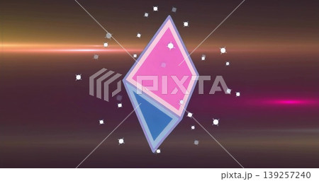 Floating pink and blue diamond icon shimmering over abstract color gradient, with glowing sparks Floating pink and blue diamond icon shimmering over abstract color gradient, with glowing sparks 139257240