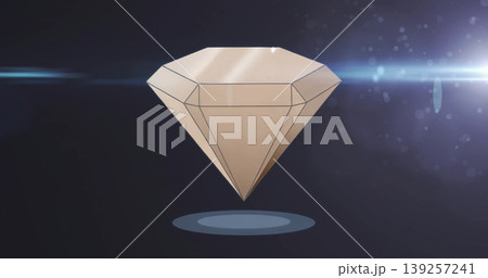 Floating faceted gem gliding over shadow platform in virtual space, with light streak and particles Floating faceted gem gliding over shadow platform in virtual space, with light streak and particles 139257241