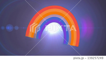Glowing rainbow arch hovering on digital gradient backdrop, with bright light orb, lens flare rings 139257249