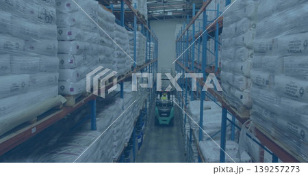 Operating green forklift, warehouse worker wearing safety gear carrying pallets in warehouse aisle Operating green forklift, warehouse worker wearing safety gear carrying pallets in warehouse aisle 139257273