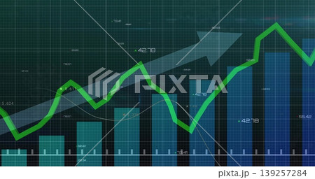 Displaying bars and green line plotting values on grid dashboard interface, arrow, numeric labels Displaying bars and green line plotting values on grid dashboard interface, arrow, numeric labels 139257284