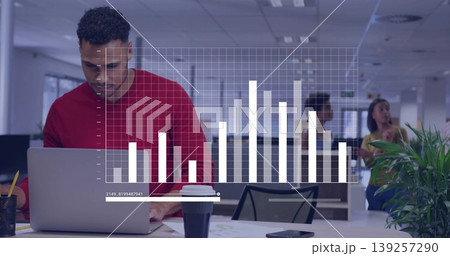 Reviewing bar chart on laptop, adult male wearing red sweater in open-plan office, with coffee cup Reviewing bar chart on laptop, adult male wearing red sweater in open-plan office, with coffee cup 139257290