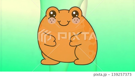 Orange frog cartoon character sitting upright in minimal green panel, with circular spot patterns Orange frog cartoon character sitting upright in minimal green panel, with circular spot patterns 139257373