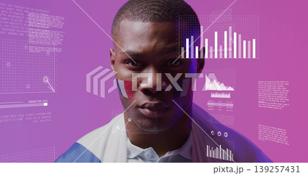 Displaying man wearing shirt, French flag cape in purple studio, with face paint and data overlays Displaying man wearing shirt, French flag cape in purple studio, with face paint and data overlays 139257431