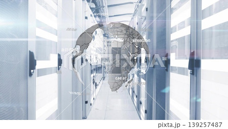 Floating 3D digital globe displaying data overlays in server room aisle, with racks, cable trays Floating 3D digital globe displaying data overlays in server room aisle, with racks, cable trays 139257487