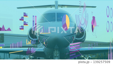 Showing private jet nose section sitting on airport apron, with floating data charts Showing private jet nose section sitting on airport apron, with floating data charts 139257509