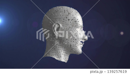 Rendering 3D head profile forming from cubic particles in virtual space, with lens flares 139257619