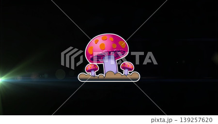 Displaying three mushrooms pink caps orange spots on lavender stalks in beige dirt under lens flare 139257620