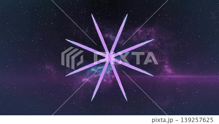 Floating central eight-pointed violet star-like emblem drifting in outer space, with nebula glow 139257625