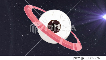 Giant white eyeball floating in space, with pink ring, myriad stars and star with lens flare 139257630