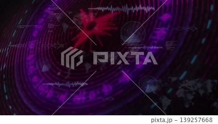 Interface pulsing with magenta rings overlaying waveforms code map outlines and glowing data burst Interface pulsing with magenta rings overlaying waveforms code map outlines and glowing data burst 139257668