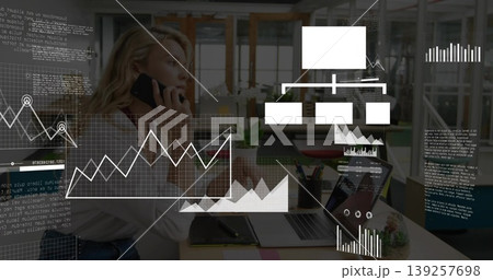 Speaking executive holding smartphone in office, with laptop notebook pen holder plant data overlay Speaking executive holding smartphone in office, with laptop notebook pen holder plant data overlay 139257698