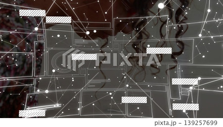 Analyzing adult female using digital network overlay at desk, with floating data interface elements Analyzing adult female using digital network overlay at desk, with floating data interface elements 139257699