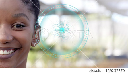 Smiling African American woman showing braids, earring at cafe, with teal AI graphic, copy space Smiling African American woman showing braids, earring at cafe, with teal AI graphic, copy space 139257770